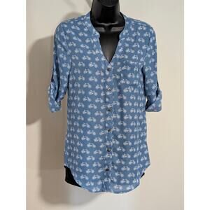 Bongo Bicycle Print Top Button Down Blouse Button Tab Sleeves Small